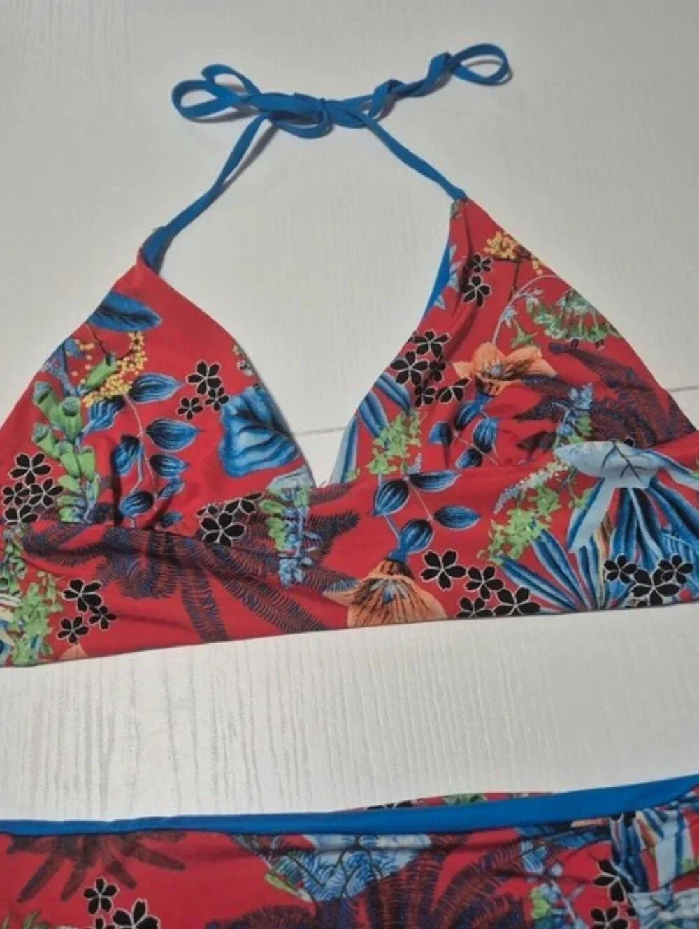 Girls' Red Tropical Floral Two-Piece Bikini with Blue Trim